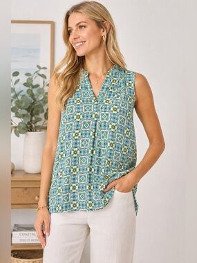 Floral & Ivy Retro Mod Sleeveless Blouse Top M Blue Green Geometric Oversized